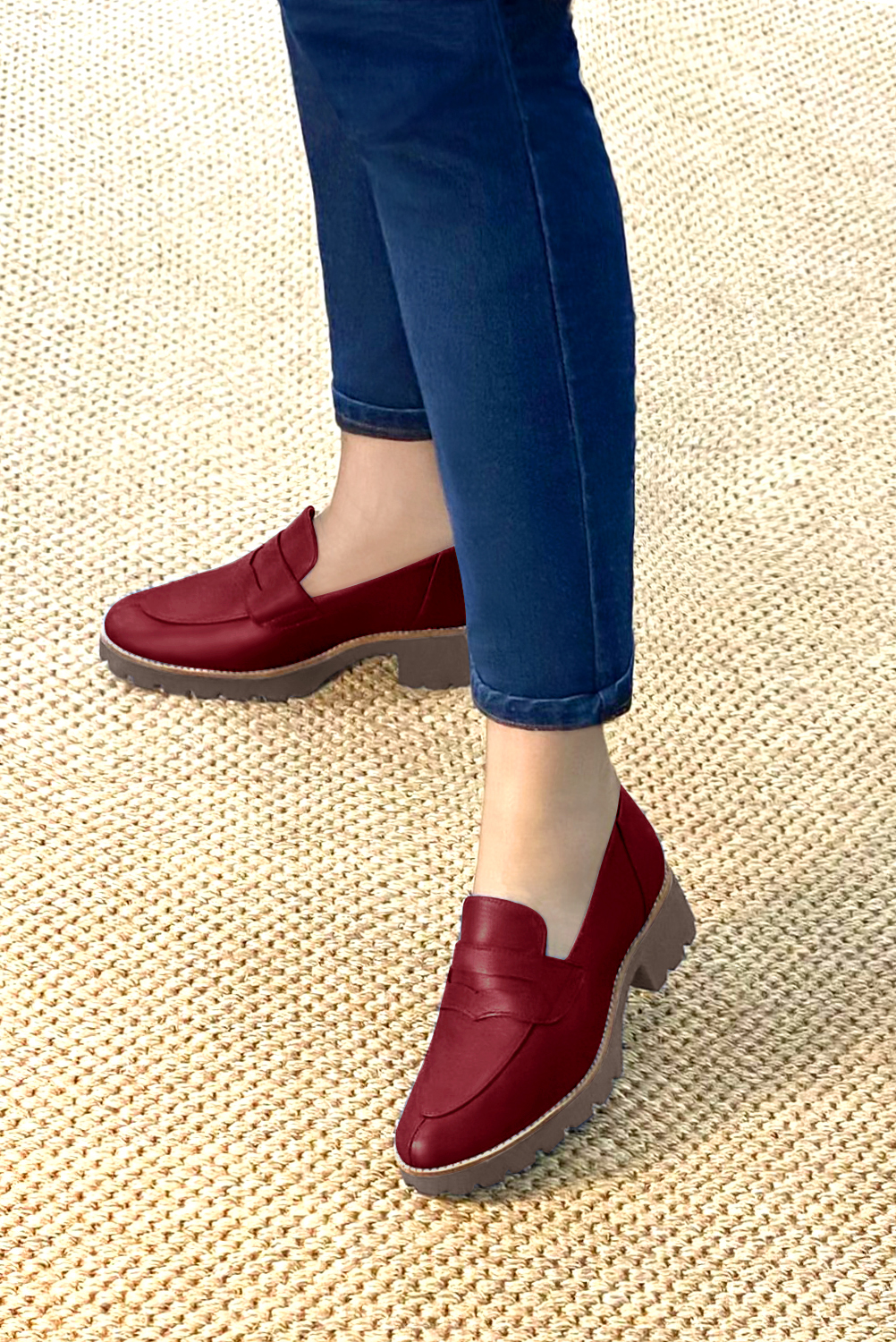 Burgundy red women's casual loafers. Round toe. Low rubber soles. Worn view - Florence KOOIJMAN